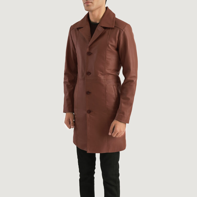 Mens Don Long Brown Leather Coat Side Pose-3-1701087597694